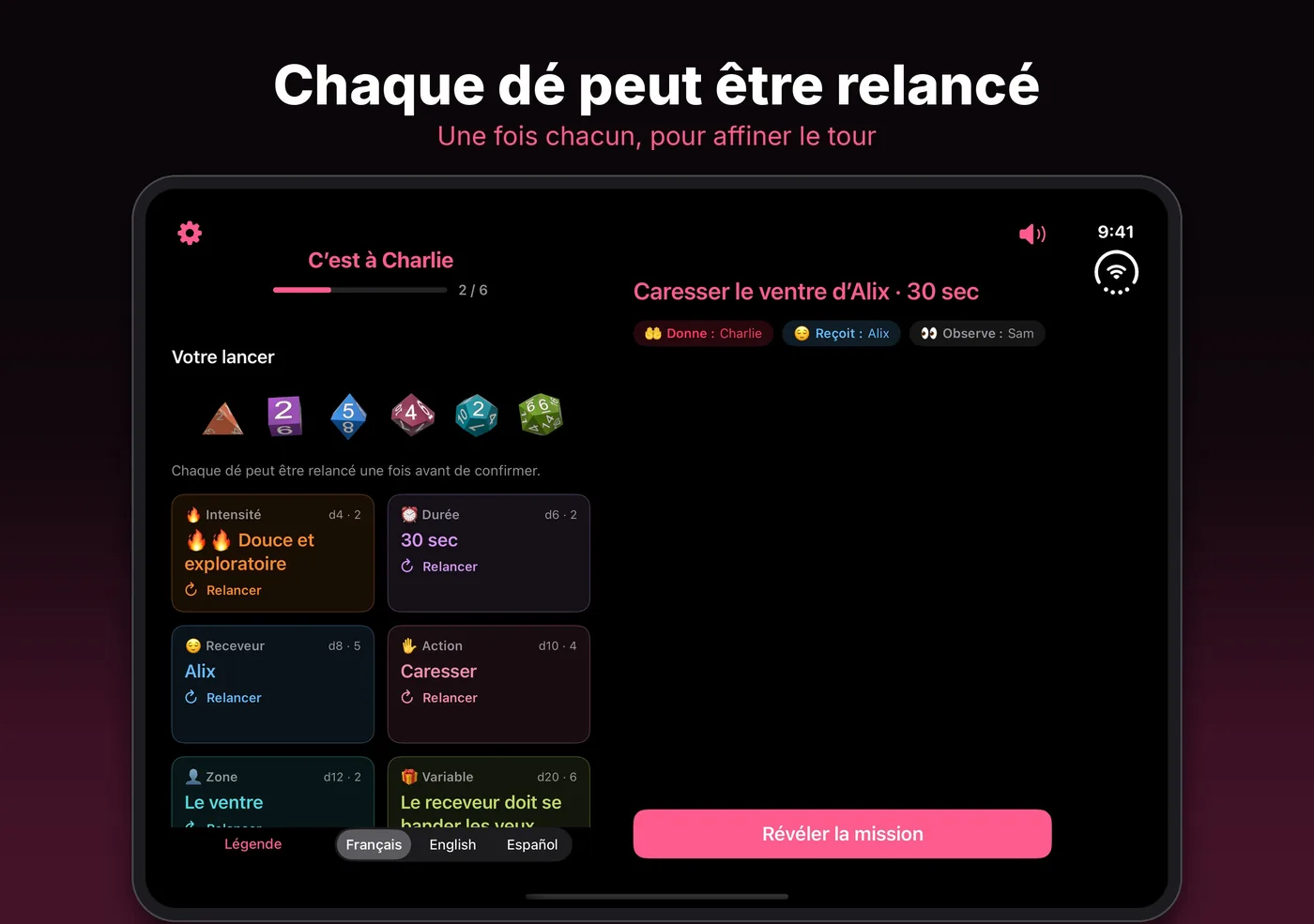 Chaque dé peut être relancé