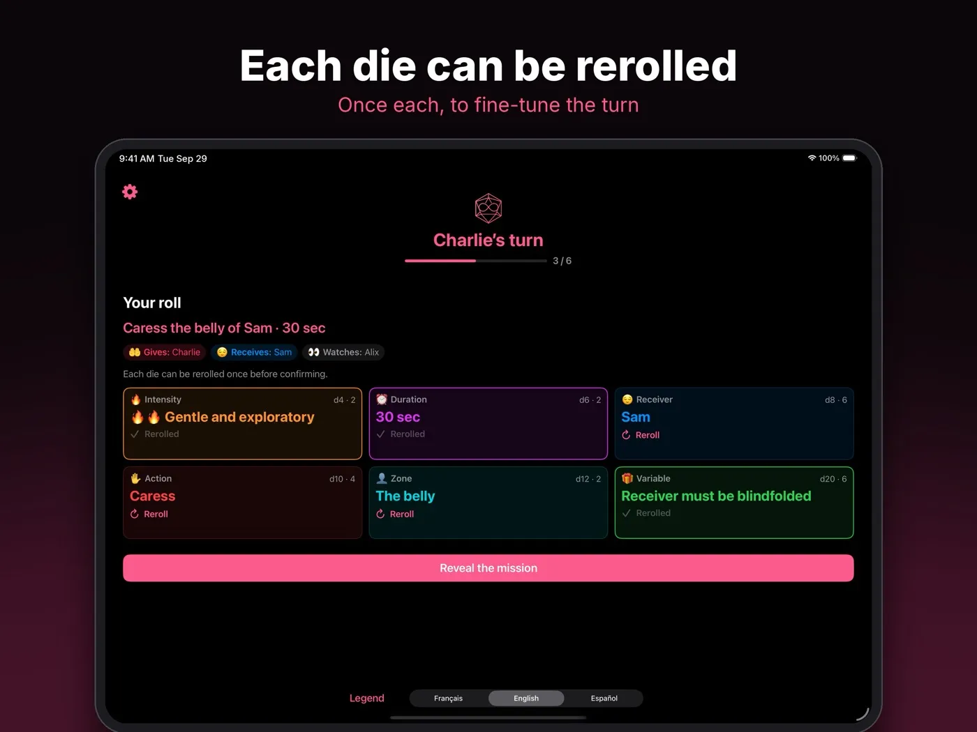 Each die can be rerolled
