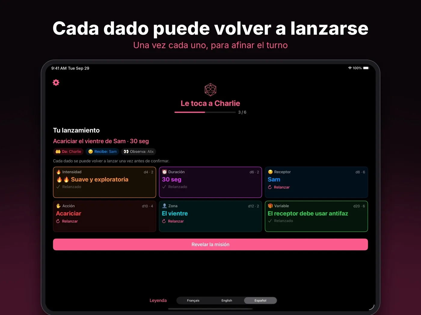 Cada dado puede relanzarse