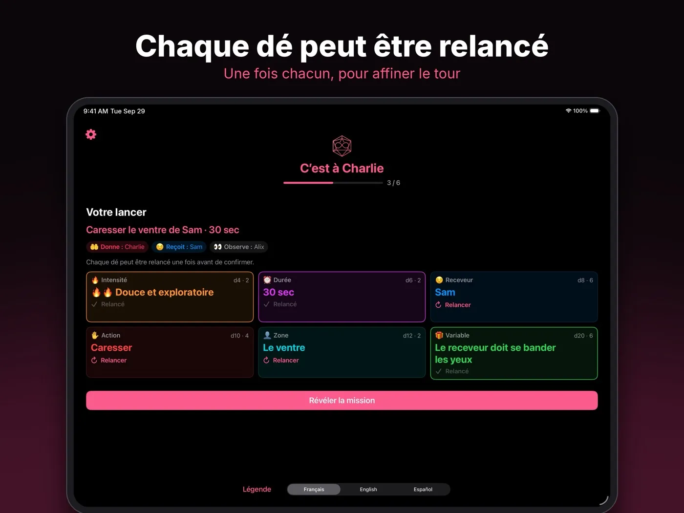 Chaque dé peut être relancé