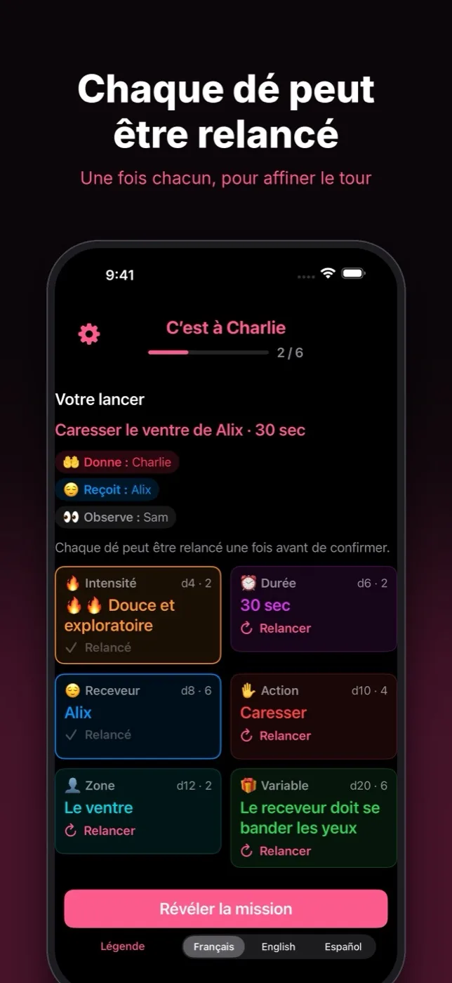 Chaque dé peut être relancé