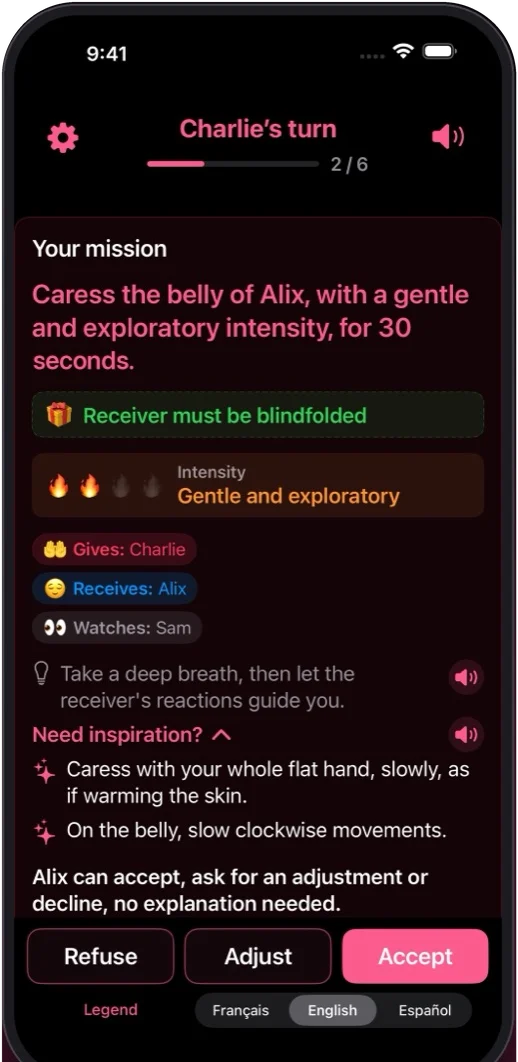 The “Your mission” screen of Désire-moi on iPhone