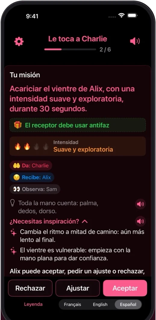 La pantalla «Tu misión» de Désire-moi en iPhone